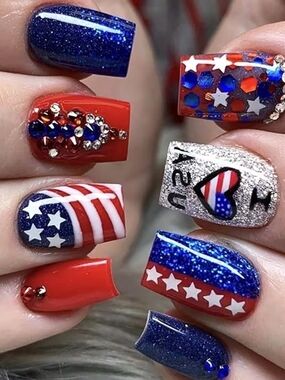 24 Pcs Press On Nails Patriotic Red, White & Blue Silver Rhinestones America